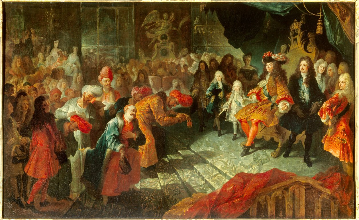 Král Ludvík XIV. (1638-1715) přijímá mimořádného velvyslance Persie Mehemeta Rezu Beye (Raza-Bey) v galerii zmrzliny ve Versailles dne 19. 2. 1715 Obraz připisovaný Antoinu Coypelovi (1661-1722) Sun. 0,7x1,5m od Antoine Coypel