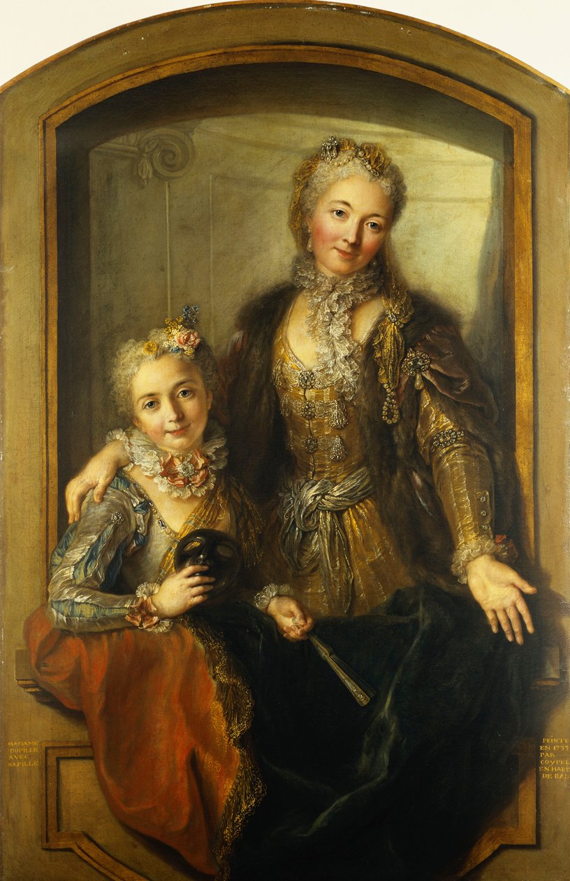 Portrét madame Dupille a její dcery, uprostřed těla, oblečená v plesových šatech v okně, 1733 od Antoine Coypel