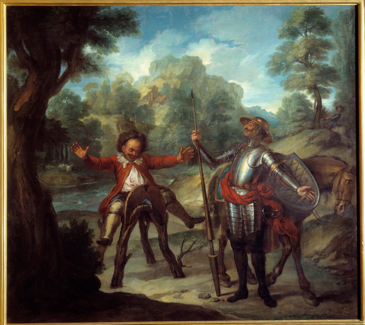 Příběh Dona Quijota: Sancho se probouzí a zoufale se snaží nenajít svého milovaného Grisona. „Důmyslný gentleman Don Quijote z La Manchy“ od Miguela de Cervantes Saavedra (1547-1616). Obraz Charles Antoine Coypel (1694-1752) od Antoine Coypel