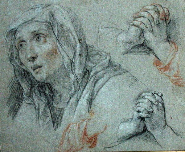 Studie k postavě Panny, cca 1700 (černá a červená křída zvýrazněná bílou na papíře) od Antoine Coypel