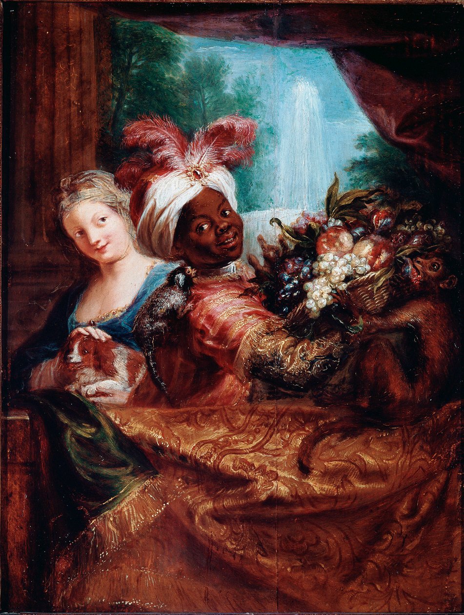 Mladá dívka hladí psa a černého sluhu představujícího košík s ovocem Malá opička leží na jejím rameni. Obraz Antoina Coypela (1661-1722) Ne. 28x21,5 cm Paříž, Musee du Louvre od Antoine Coypel