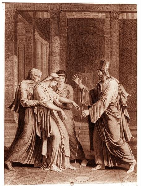 Ester před Assuerem, ilustrace z knihy "Ester" od Jeana Racina (1639-99), vyryl Mathieu (čb foto) od Antoine Denis (after) Chaudet