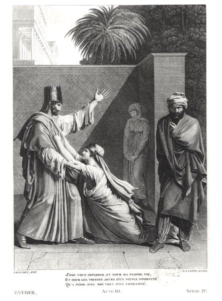 Esther Imploring Assuerus in the Presence of Aman, ilustrace z Esther od Jeana Racina (1639-99) rytina J.J. Coiny (1761–1809) od Antoine Denis Chaudet