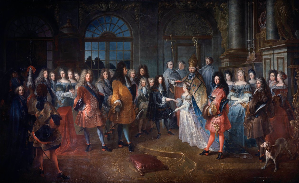 Sňatek Ludvíka de France vévody z Burgundska a Marie Adelaide Savojské dne 7.12.1697 Obřad se koná za přítomnosti krále Ludvíka XIV. (1638-1715) v centru. Mladí, kteří se vdávají, jsou požehnáni kardinálem de Coislin. Obraz Antoine Dieu (166 od Antoine Dieu