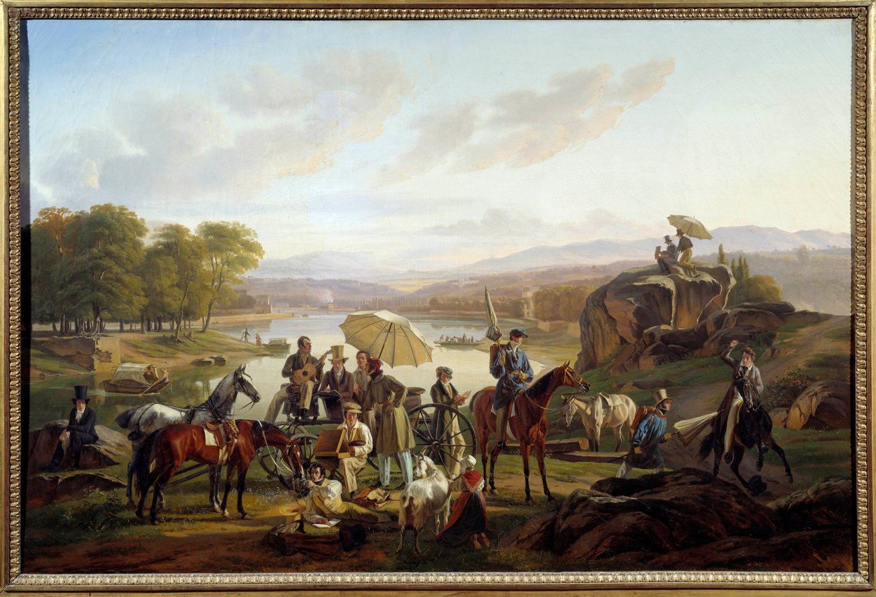 Zastávka lyonských umělců na Barbe Island v Lyonu Malíři a hudebníci odpočívají při projížďce na koni. Obraz Antoine Duclaux (1783-1868) 1824 Ne. 0,86x1,31 m Lyon, Musee des Beaux Arts od Antoine Duclaux
