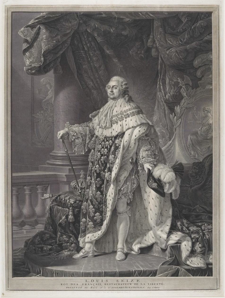 Le Sacre - Portrét krále Ludvíka XVI. v Coronation Regalia, rytý Charles-Clément Bervic (1756-1822) od Antoine Francois (after) Callet