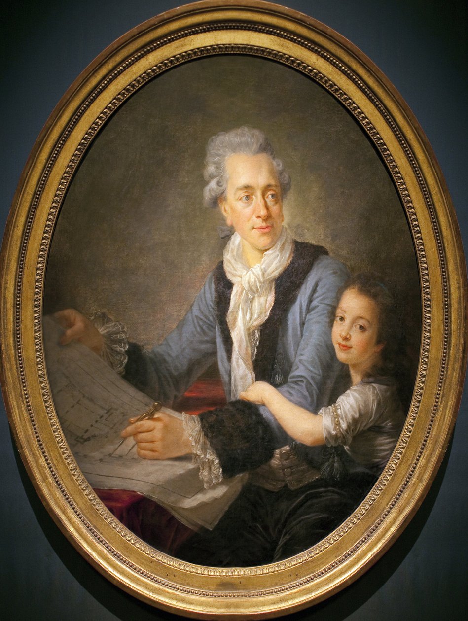 Portrét Clauda Nicolase Ledouxe (1736-1806) s dcerou Adelaide. (Ledoux drží plány domu ředitele průmyslového města Arc et Senans (Franche Comte), ambiciózního programu tohoto ideálního města, který zůstal nedokončen, od Antoine François Callet