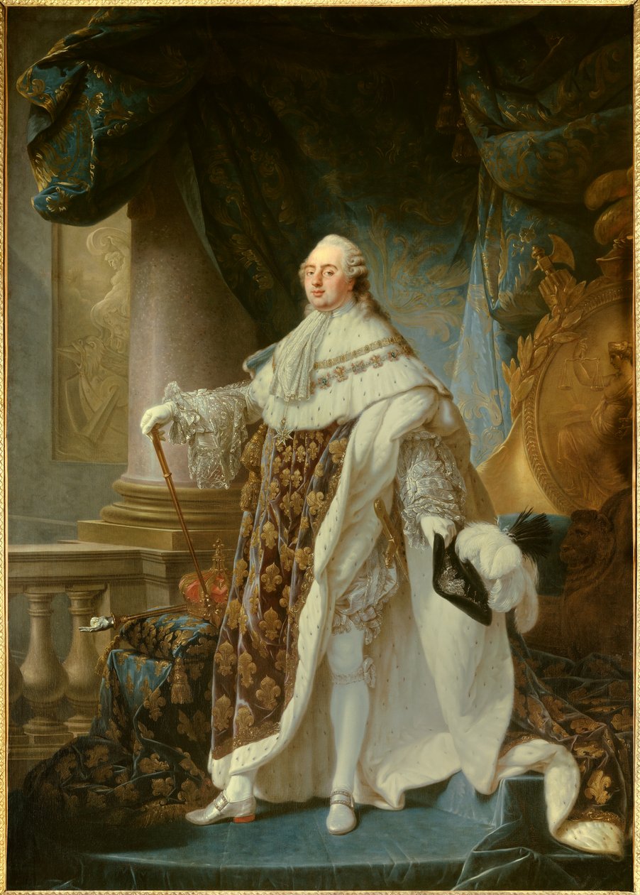 Portrét en pied du roi de France Ludvík XVI. (1754-1793), na sobě velký královský kostým v roce 1779 Obraz Antoine Francois (Antoine-Francois) Callet (1741-1823) 1779 Rozm. 2,7x1,89 m - - Portrét francouzského krále Ludvíka XVI. (1754-1793) v koruně od Antoine François Callet