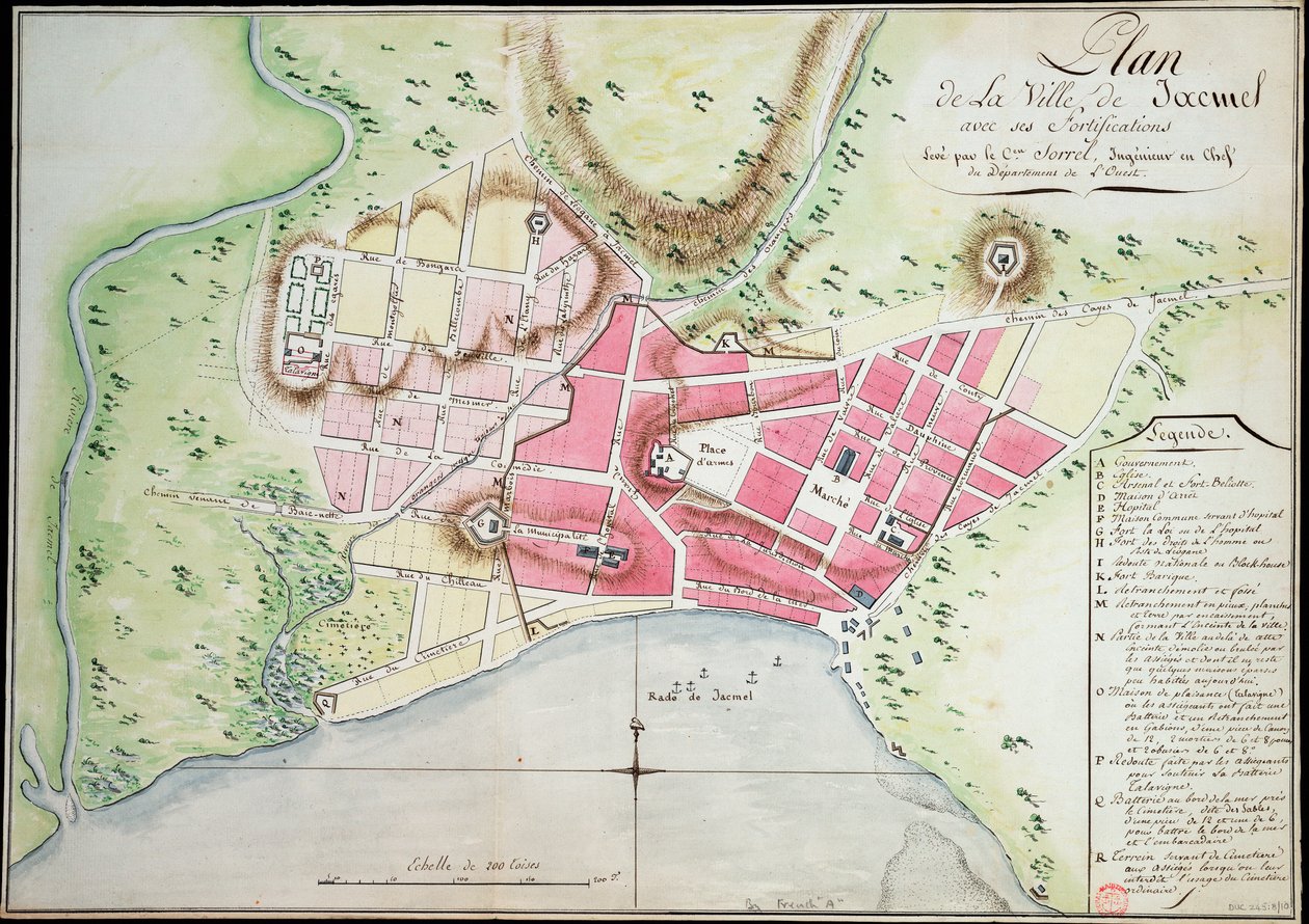 Plán města Jacmel s opevněním od Antoine François Sorrel des Rivieres