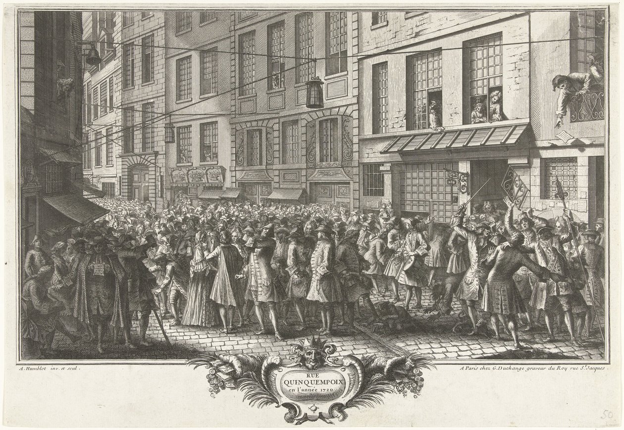 Z Rue Quinquempoix, 1720 Rue Quinquempoix v roce 1720 (název na objektu) Het Groote Tafereel der Dwaasheid (název série) od Antoine Humblot