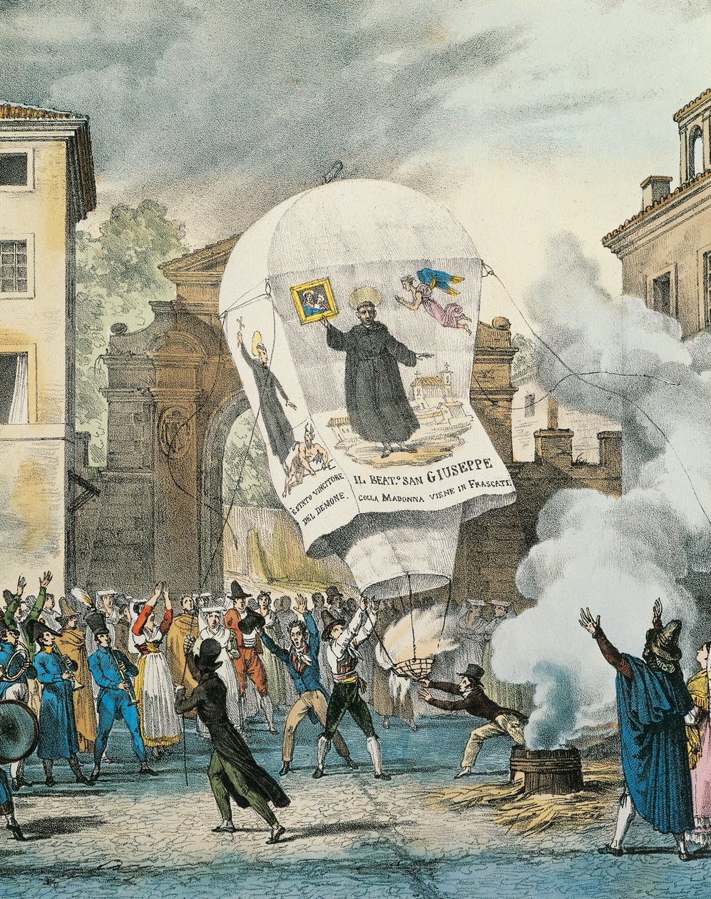 Horkovzdušný balón pro Den San Giuseppe v Římě, Antoine-Jean-Baptiste Thomas (1791-1833), tisk. Detail. Itálie od Antoine Jean Baptiste Thomas