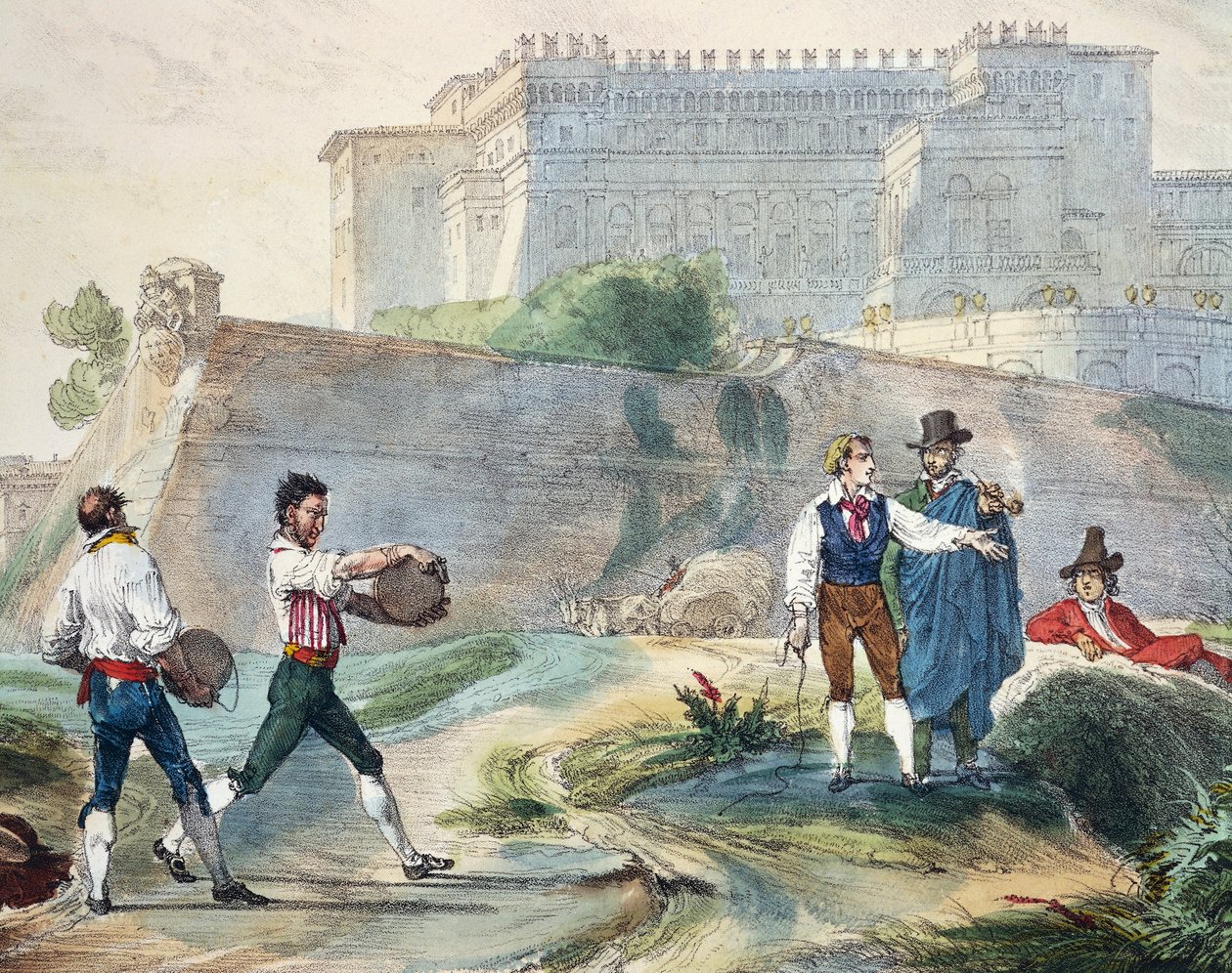 Hra na ruzzicu, Antoine Jean-Baptiste Thomas (1791-1834), barevná litografie z Jednoho roku v Římě a okolí od Antoine Jean Baptiste Thomas