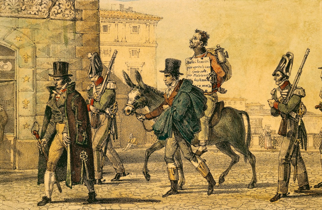 Trest, který zahrnoval vedení ulicemi na oslu, litografie Jean-Baptiste-Antoine Thomas (1791-1833) z Un Rome od Antoine Jean Baptiste Thomas