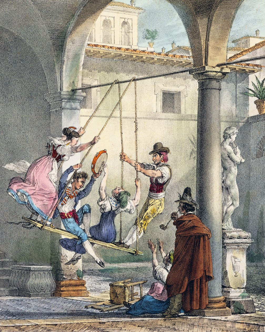 Houpačka, rytina Antoine Jean-Baptiste Thomas (1791-1834) z Un an a Rome et dans ses environs (Jeden rok v Římě a okolí), Francie od Antoine Jean Baptiste Thomas