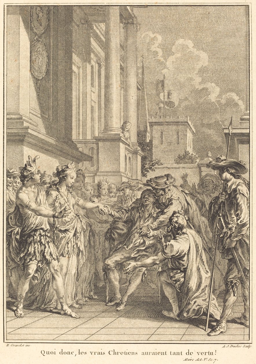 Co pak, praví křesťané by měli tolik ctnosti! od Antoine Jean Duclos after Hubert François Gravelot