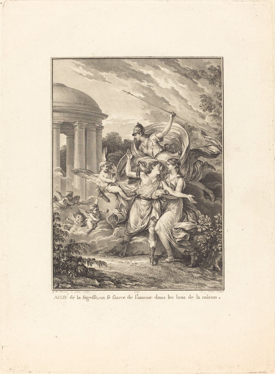 Frontispis: S pomocí moudrosti unikáme od lásky do náruče rozumu od Antoine Jean Duclos after Jean Michel Moreau