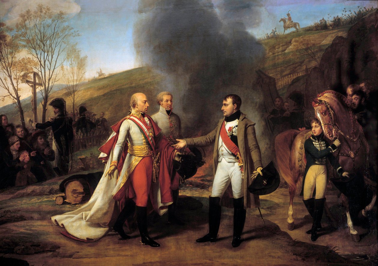 Rozhovor Napoleona I. (1769-1821) a Františka II. (1768-1835) v Sarutschitz na Moravě po bitvě u Slavkova, 4. 12. 1805 Za Francoisem II. zůstal Jan I. z Lichtenštejna (1760-1836). Obraz Antoine Jean Gros (1771-1835). 19. století. Ztlumit. od Antoine Jean Gros