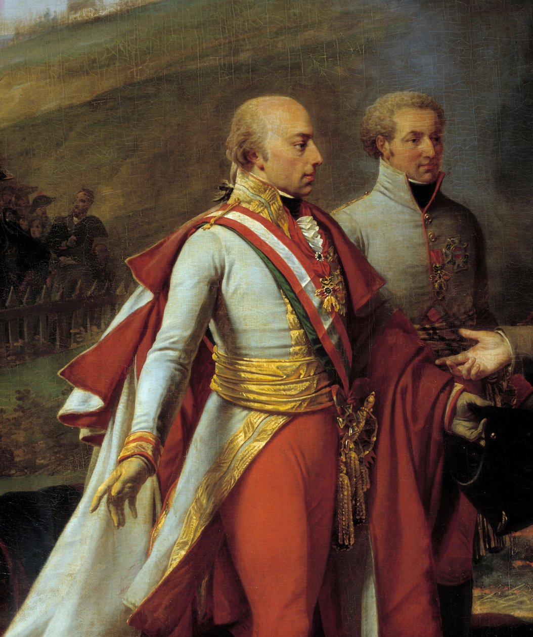 Rozhovor Napoleona I. (1769-1821) a Františka II. v Sarutschitz na Moravě po bitvě u Slavkova, 12. 4. 1805 Detail představující Františka II. Rakouského (1768-1835) (vlevo) a Jana I. z Lichtenštejna (1760-1836) ) (že jo). Obraz Antoine Jean od Antoine Jean Gros