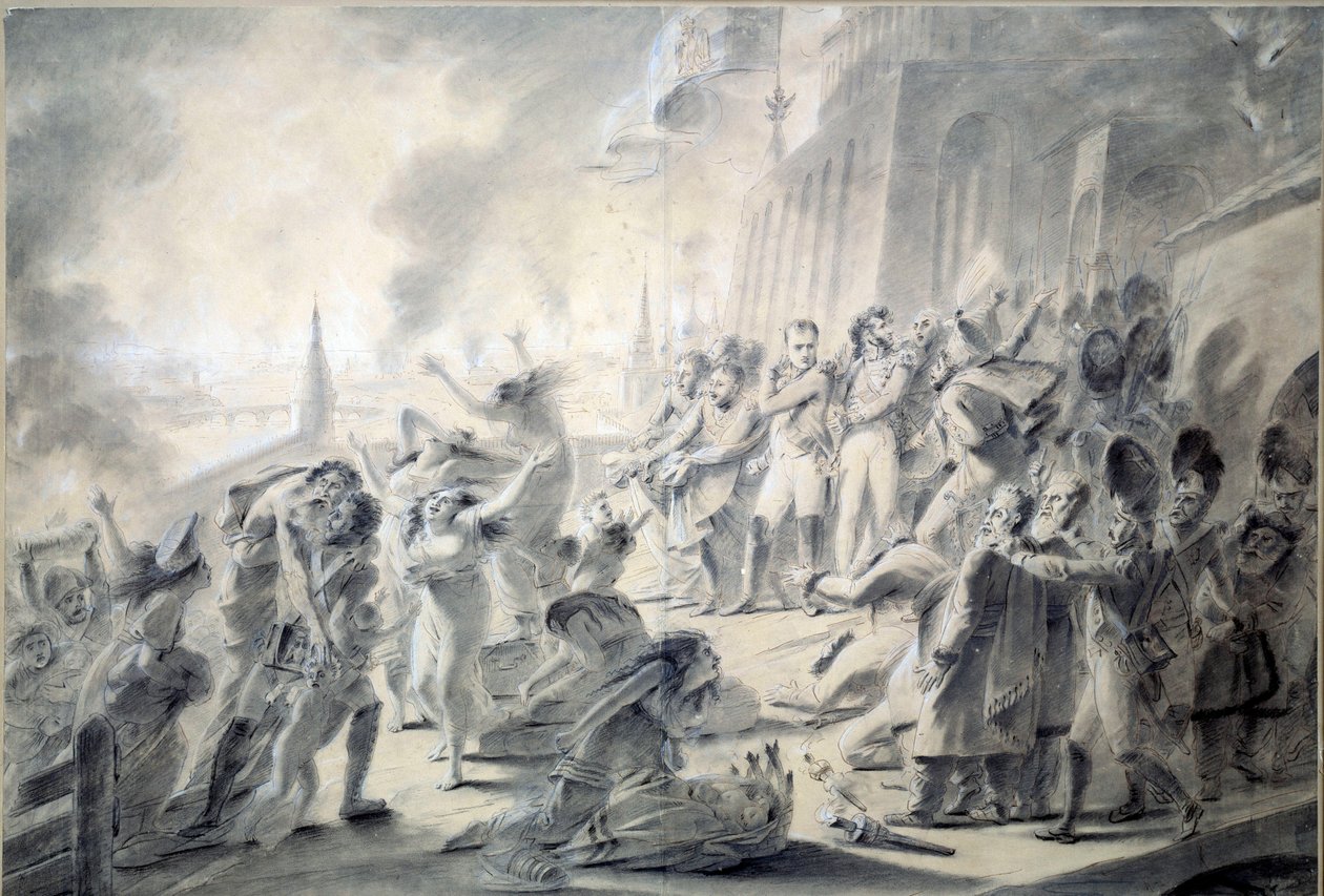 Požár Moskvy 15. 9. 1812 Guvernér města, hrabě Rostopchina, město vypálil, když Napoleon I. přijel. Kresba hnědým inkoustem, lazurou, perem, tužkou a kvašem od Antoine Jean Gros (1771-1835) 1812 Rozm. 0,57x0,84 m Paříž, musee du Louvre od Antoine Jean Gros