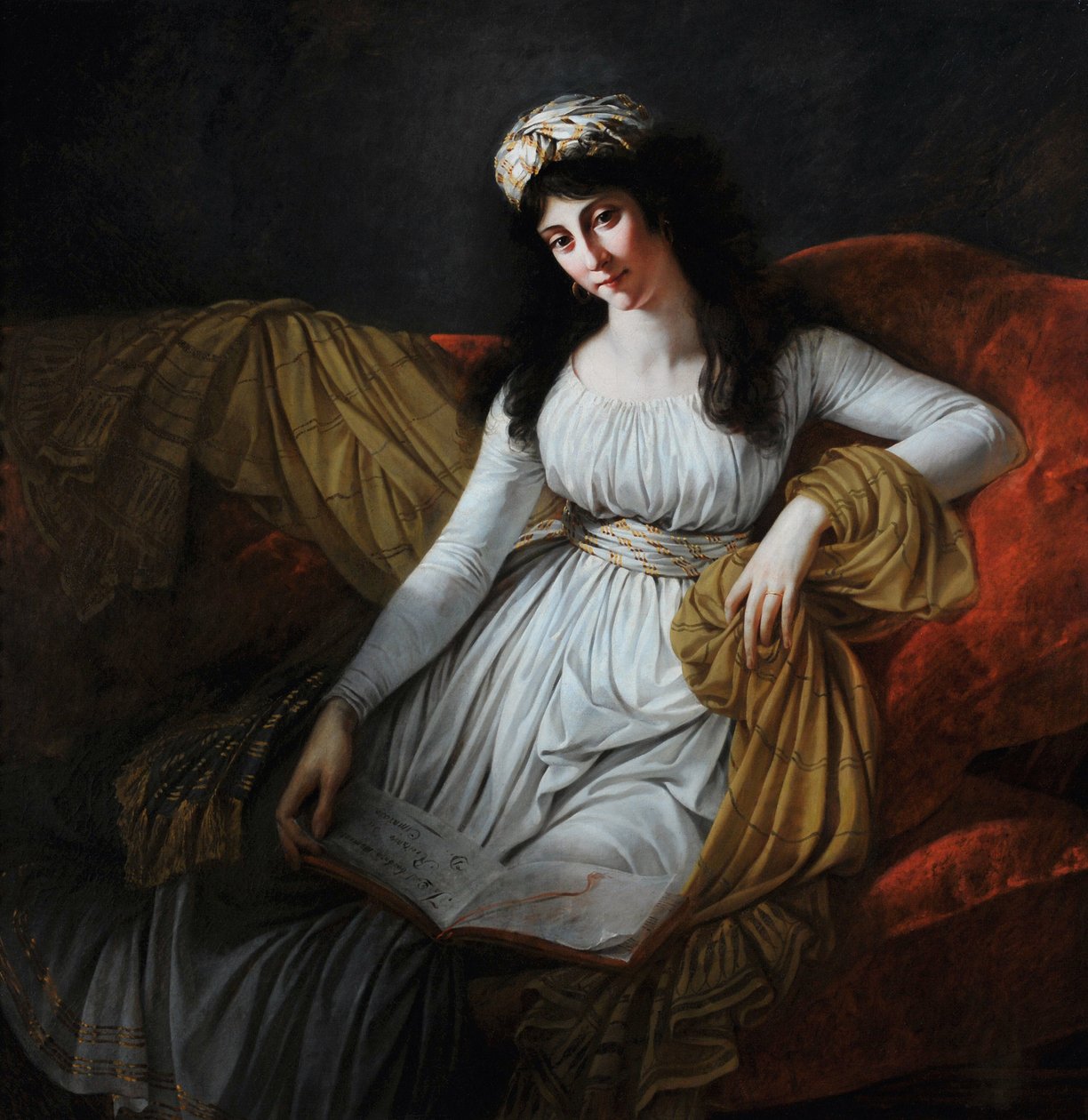 Portrét Madame Fravega (nápis na knize "In qual barbaro momento recitativo od D. Cimarosa") (olej na plátně) od Antoine Jean Gros