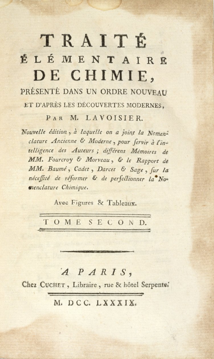 Titulní strana Traite Elementaire de Chimie, Tome II, vydaná v Paříži, 1789 (tisk) od Antoine Laurent de Lavoisier