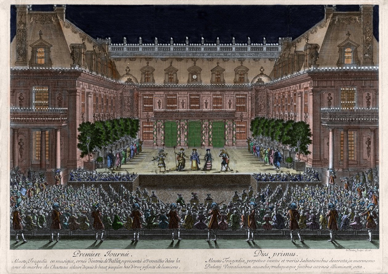 Reprezentace na mramorovém nádvoří zámku ve Versailles, d