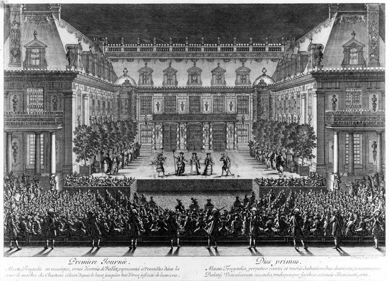 Zastoupení „Alceste“ Jean Baptiste Lully (Giovanni Battista Lulli) (1632-1687) na mramorovém nádvoří zámku ve Versailles pro oslavy u příležitosti oživení Franche Comte (1674). Rytina Le Pautre (16 od Antoine Le Pautre