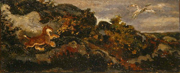 Panther Chasing a Stork (olej na papíře upevněný na masonitu) od Antoine Louis Barye