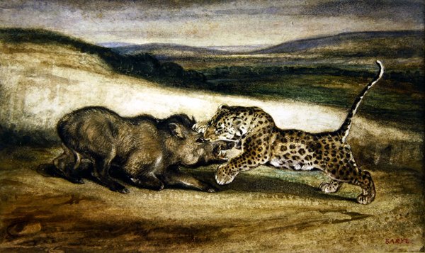 Panther bojuje s divokým prasetem (akvarel) od Antoine Louis Barye