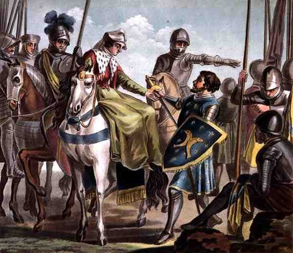 Jeanne de Navarre (1271-1304) Bere hraběte z Baru do zajetí, vyryl Jean Baptiste Morret (fl. 1790-1820) 1788 (kolorovaná rytina) od Antoine Louis Francois (after) Sergent Marceau