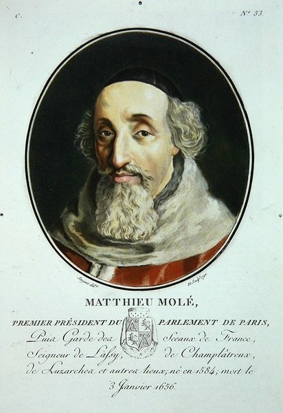 Matthieu Mole, z „Portréty velkých mužů, slavných žen a nezapomenutelných předmětů Francie, ryté a tištěné barevně“, vydal Pierre Blin od Antoine Louis Francois (after) Sergent Marceau