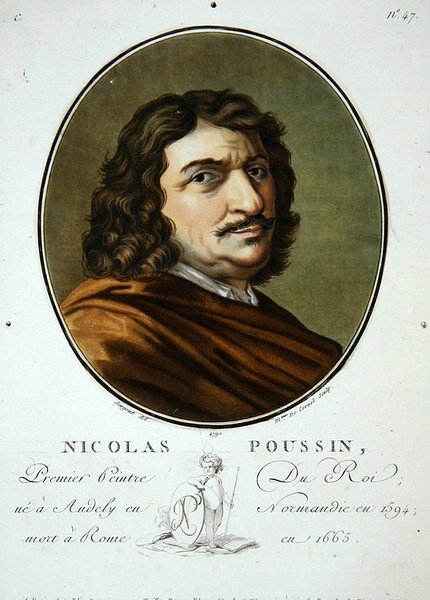 Nicolas Poussin, z „Portréty velkých mužů, slavných žen a nezapomenutelných předmětů Francie, ryté a tištěné barevně“, vydal Pierre Blin od Antoine Louis Francois (after) Sergent Marceau