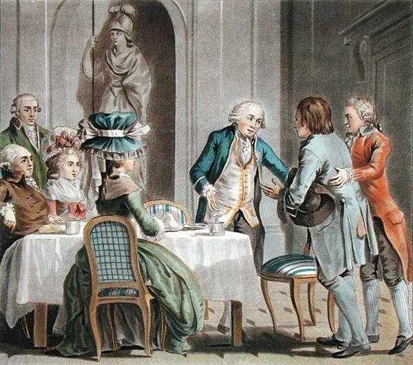 Comte de Vaux (1705-88) nabízí jídlo a pití farmáři, vyrytý Jean Baptiste Morret (fl.1790-1820) od Antoine Louis Francois (after) Sergent Marceau
