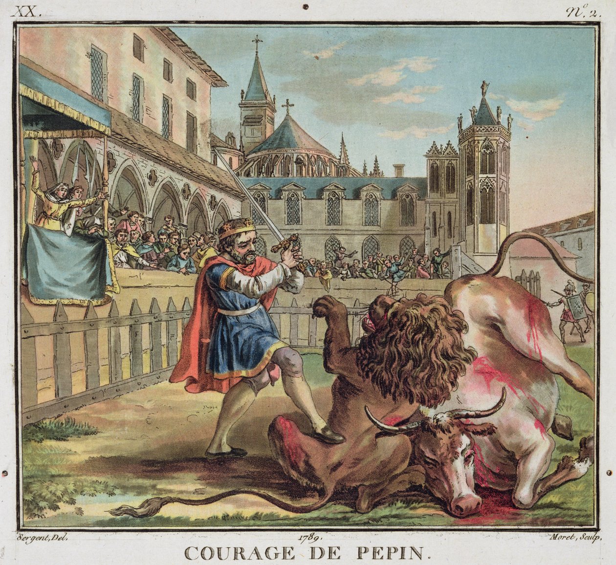 The Courage of Pepin (714-68), ryl Jean Baptiste Morret (fl. 1790-1820) 1789 (barevná rytina) od Antoine Louis Francois (after) Sergent Marceau