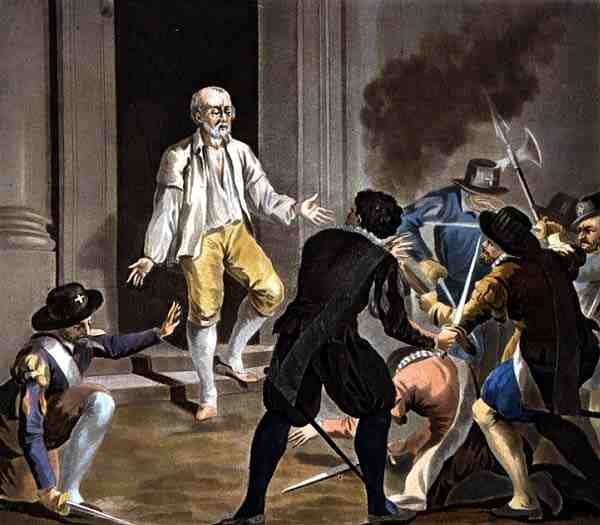 Smrt Gasparda de Coligny, vyryl Jean Baptiste Morret (fl.1790-1820) 1788 (barevná rytina) od Antoine Louis Francois (after) Sergent Marceau