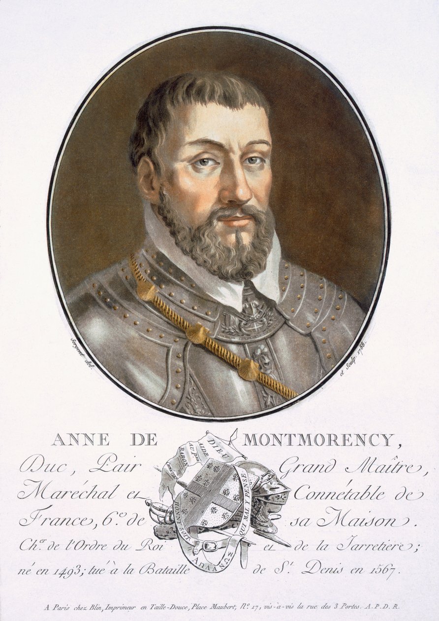 Anne de Montmorency, z Portréty velkých mužů, slavných žen a památných předmětů Francie, ryté a tištěné barevně, vydal Pierre Blin, 1786-92, Paříž (barevná rytina) od Antoine Louis Francois Sergent Marceau