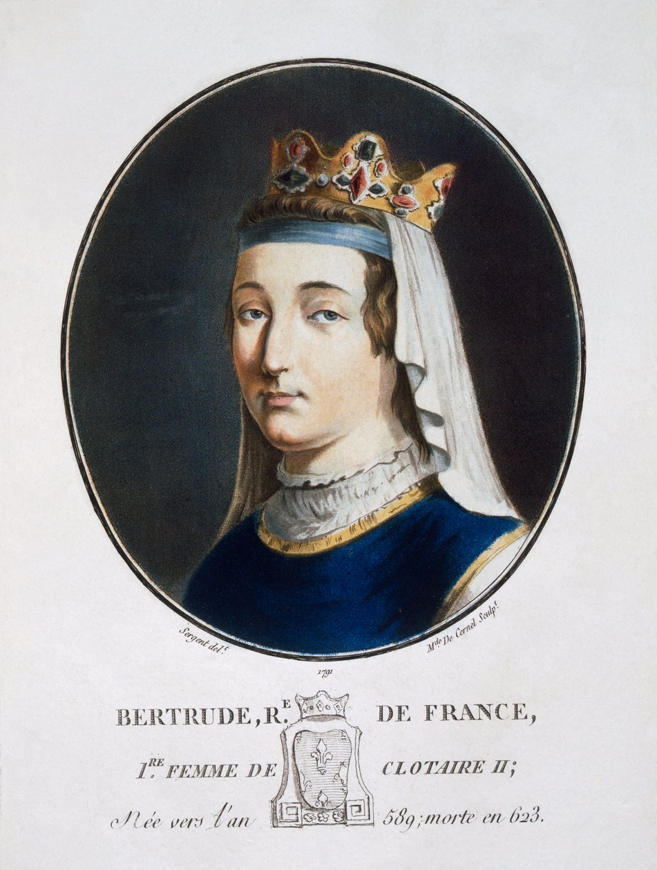 Bertrude, z „Portréty velkých mužů, slavných žen a nezapomenutelných předmětů Francie, ryté a tištěné v barvách“, vydal Pierre Blin, 1786-92, Paříž (barevná rytina) od Antoine Louis Francois Sergent Marceau