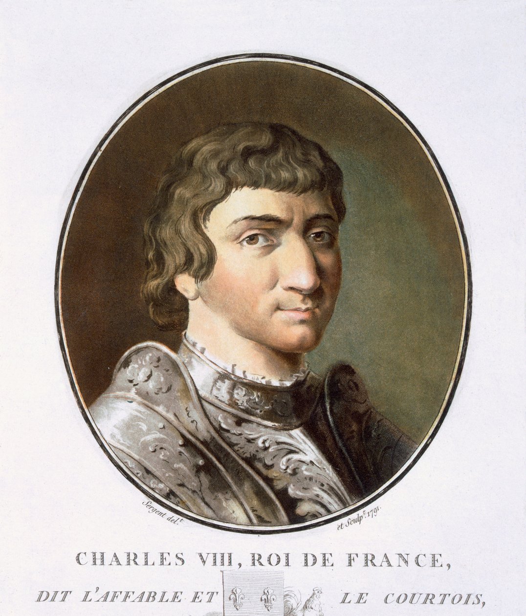 Karel VIII., z Portréty velkých mužů, slavných žen a památných námětů Francie, ryté a tištěné barevně, vydal Pierre Blin, 1786-92, Paříž (barevná rytina) od Antoine Louis Francois Sergent Marceau