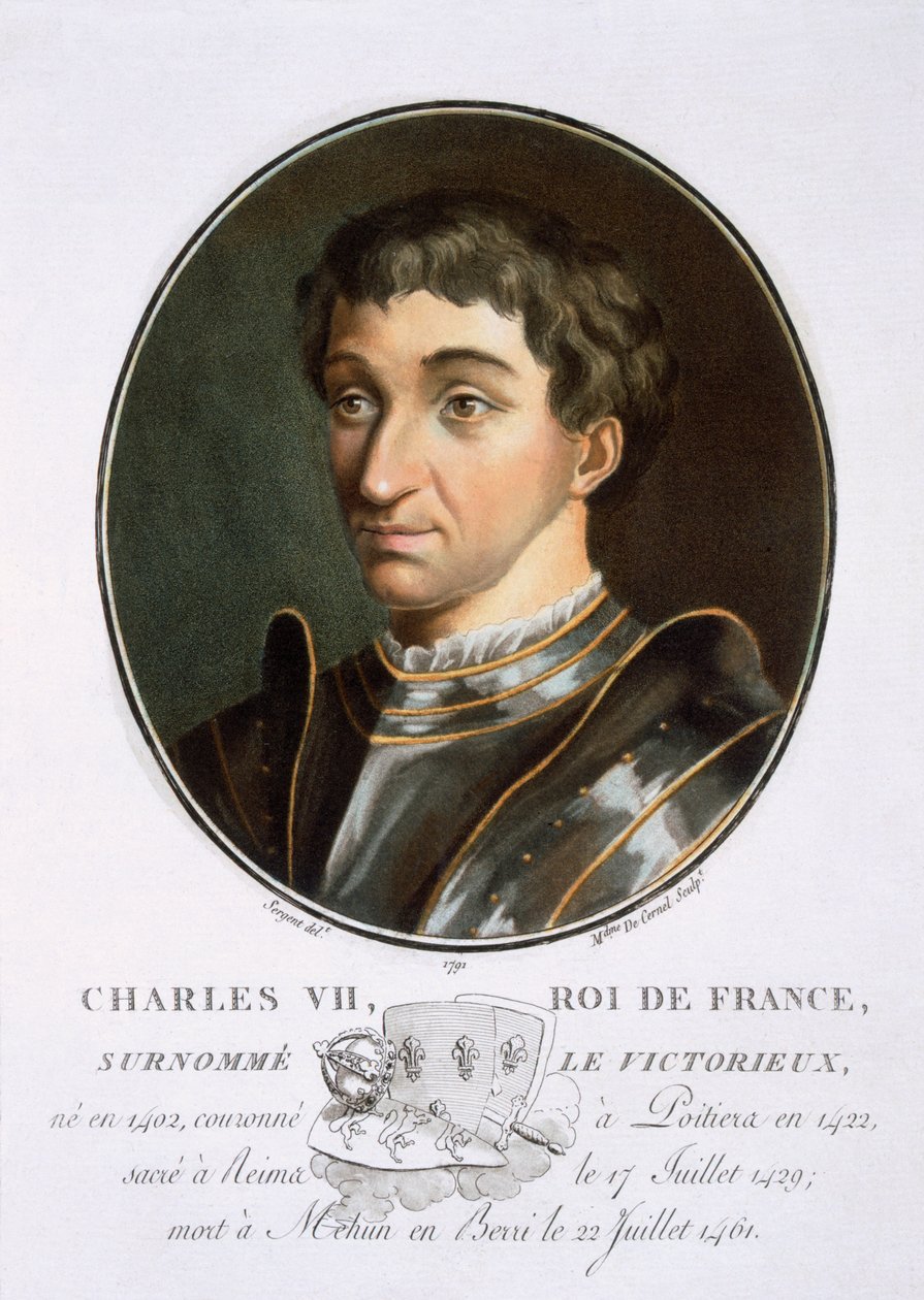 Karel VII., z Portréty velkých mužů, slavných žen a nezapomenutelných námětů Francie, ryté a tištěné barevně, vydal Pierre Blin, 1786-92, Paříž (barevná rytina) od Antoine Louis Francois Sergent Marceau