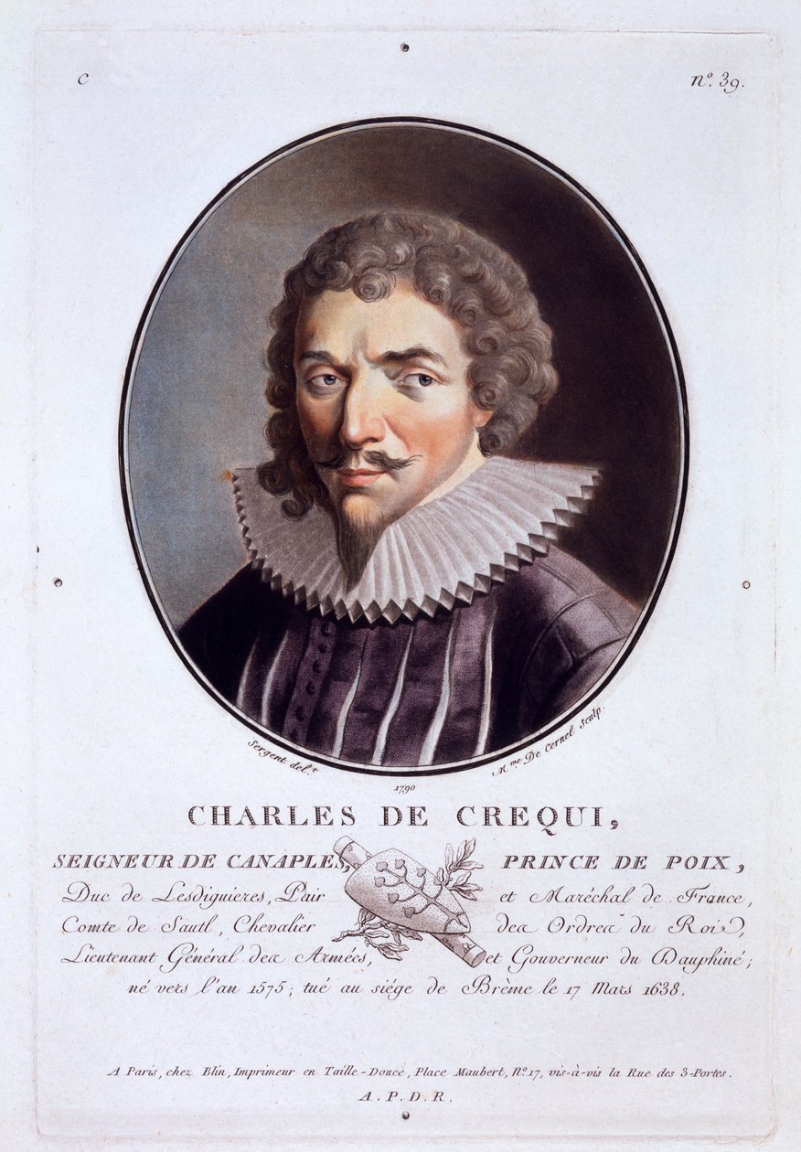Charles de Crequi, z Portréty velkých mužů, slavných žen a památných předmětů Francie, ryté a tištěné barevně, vydal Pierre Blin, 1786-92, Paříž (barevná rytina) od Antoine Louis Francois Sergent Marceau