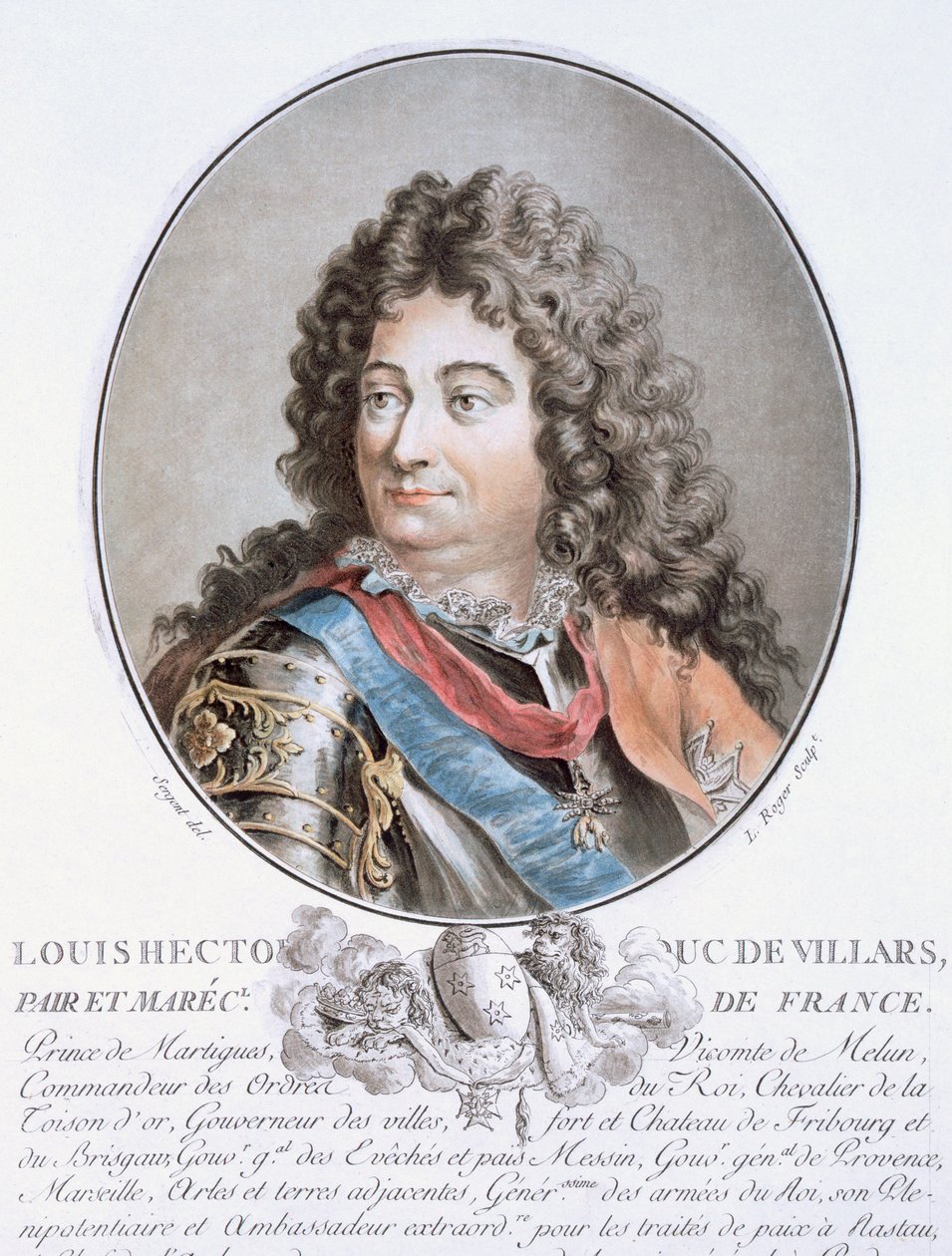 Claude Louis Hector de Villars, z „Portréty velkých mužů, slavných žen a nezapomenutelných předmětů Francie, ryté a tištěné v barvách“, vydal Pierre Blin, 1786-92, Paříž (barevně en od Antoine Louis Francois Sergent Marceau