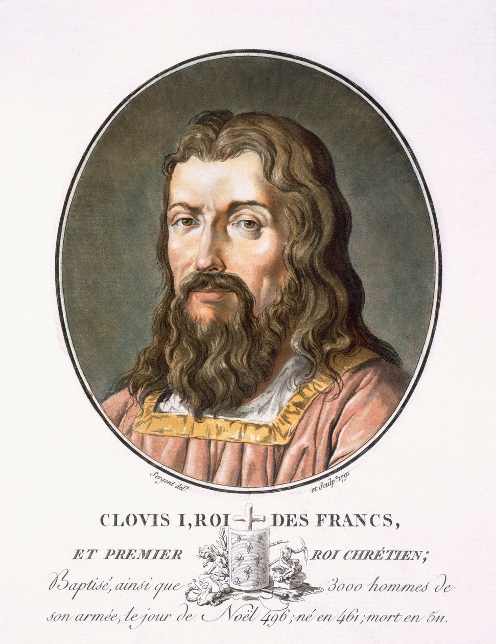 Clovis I, z „Portréty velkých mužů, slavných žen a nezapomenutelných předmětů Francie, ryté a tištěné v barvách“, vydal Pierre Blin, 1786-92, Paříž (barevná rytina) od Antoine Louis Francois Sergent Marceau