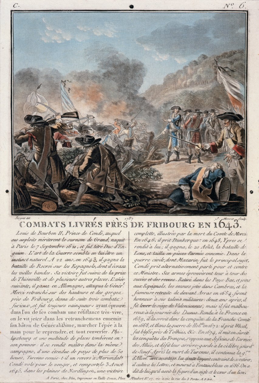 Boj u Freiburgu, 1643, ryl Jean Baptiste Morret (fl.1790-1820), 1787 (barevné lito) od Antoine Louis Francois Sergent Marceau