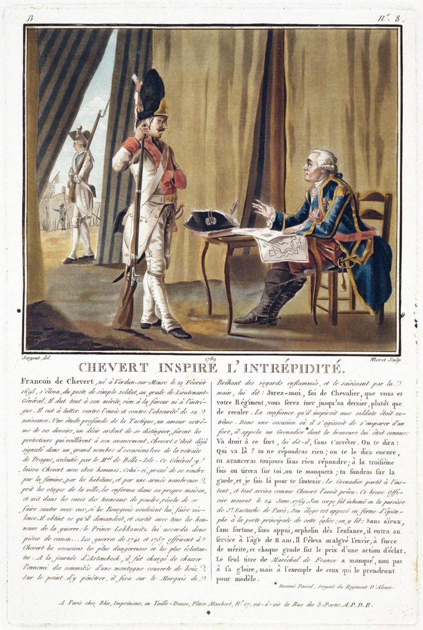 Francois Chevert (1695-1769) dodává odvahu, rytina Jean Baptiste Morret (fl.1790-1820), 1789 od Antoine Louis Francois Sergent Marceau