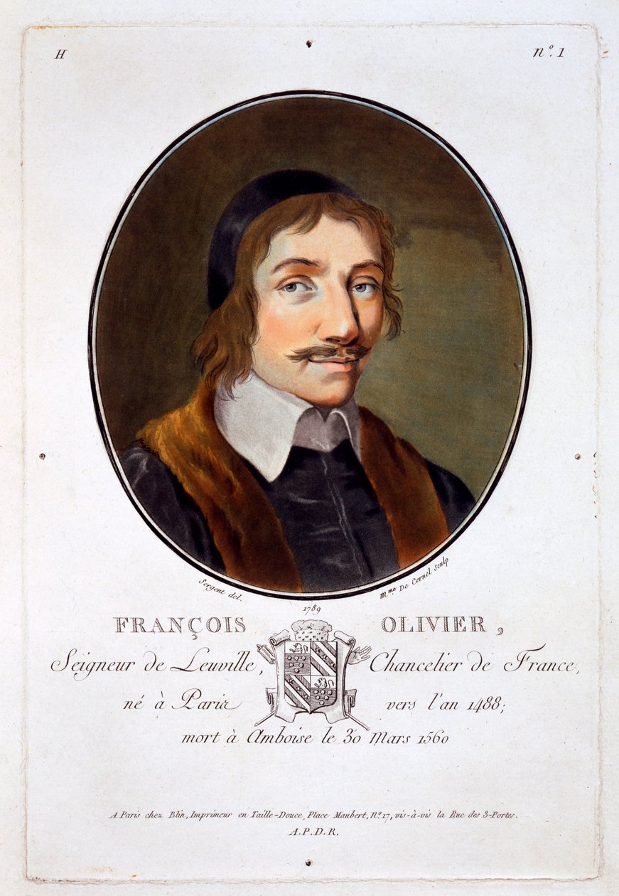 Francois Olivier Seigneur de Leuville, z Portréty velkých mužů, slavných žen a památných předmětů Francie, ryté a tištěné barevně, vydal Pierre Blin, 1786-92, Paříž (colo od Antoine Louis Francois Sergent Marceau