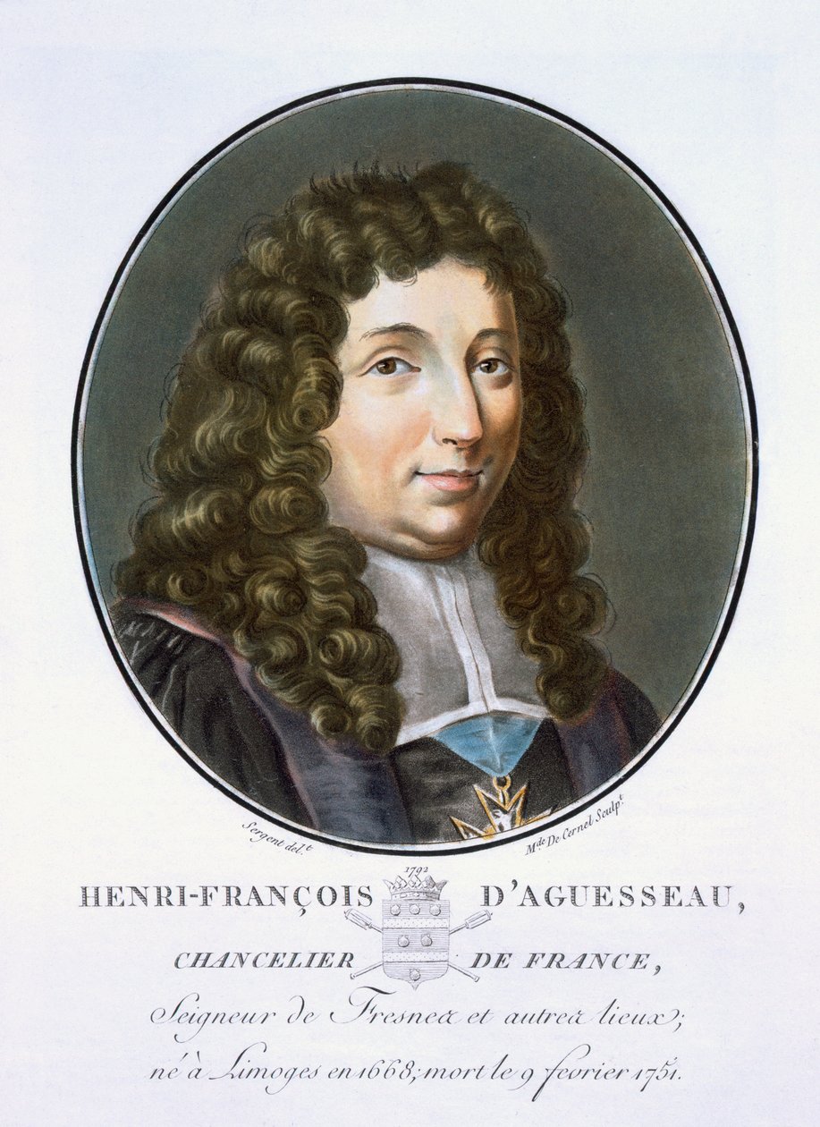 Henri-Francois dAguesseau, z Portréty velkých mužů, slavných žen a památných předmětů Francie, ryté a tištěné barevně, vydal Pierre Blin, 1786-92, Paříž (barevná rytina od Antoine Louis Francois Sergent Marceau