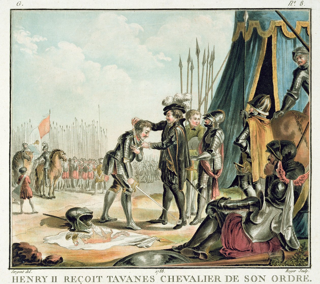 Henri II (1519-59) přijímá Jean de Tavanes jako rytíř do svého řádu, vyryl Roger, 1788 od Antoine Louis Francois Sergent Marceau
