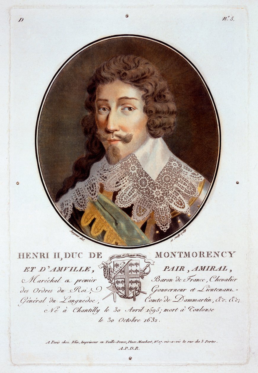 Henri II., vévoda de Montmorency et dAmville, z Portréty velkých mužů, slavných žen a nezapomenutelných témat Francie, ryté a tištěné barevně, vydal Pierre Blin, 1786-92, Paříž (c od Antoine Louis Francois Sergent Marceau