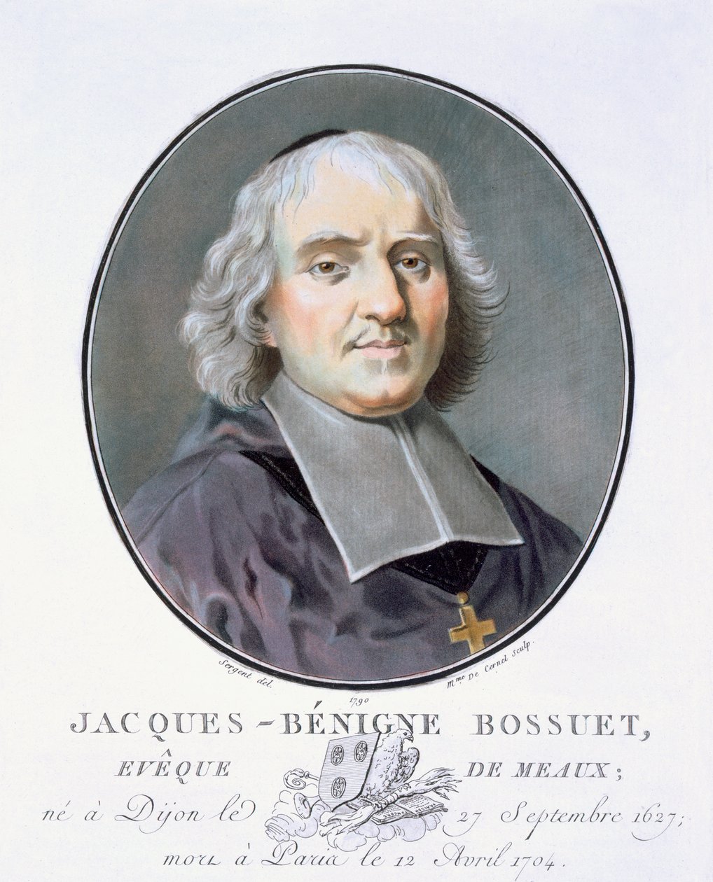 Jacques = Benigne Bossuet, z Portréty velkých mužů, slavných žen a památných námětů Francie, ryté a tištěné barevně, vydal Pierre Blin, 1786-92, Paříž (barevná rytina) od Antoine Louis Francois Sergent Marceau
