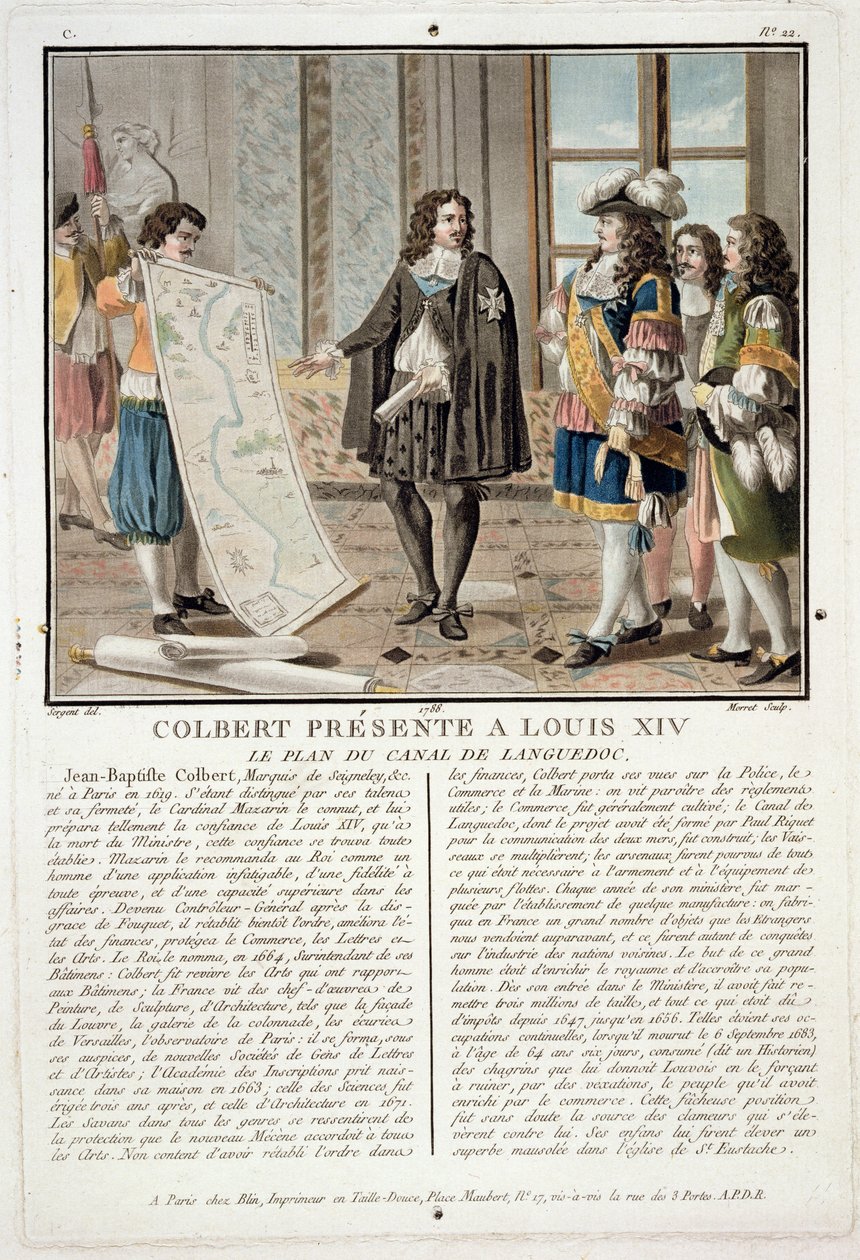 Jean Baptiste Colbert (1619-83) předkládá Ludvíku XIV. mapu kanálu Languedoc, vyryl Jean Baptiste Morret (fl.1790-1820), 1788. od Antoine Louis Francois Sergent Marceau